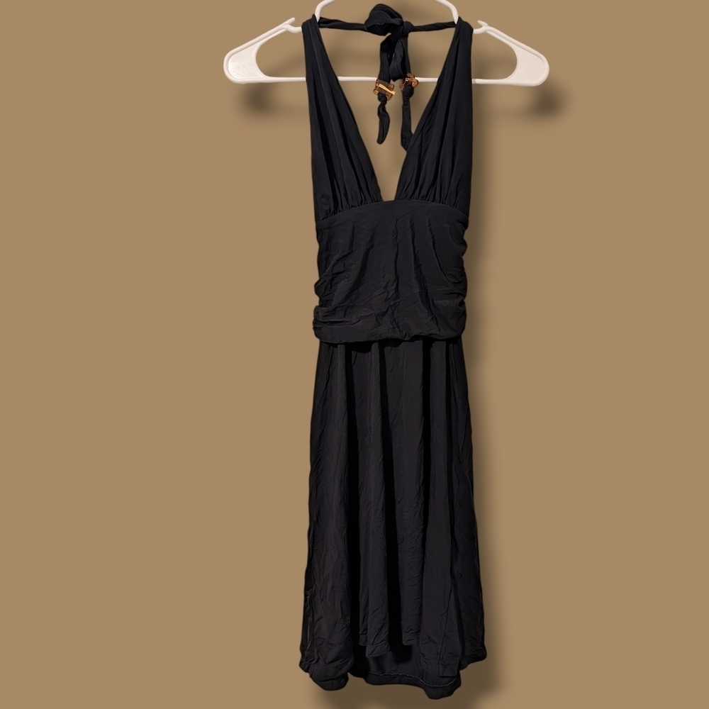 Vix Paula Hermanny Black Silky Open Back Tie Halter Mini Dress Resortwear Beach